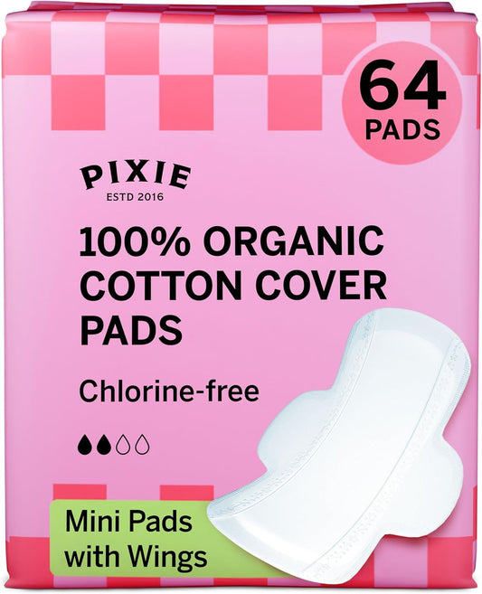 Pixie Organic Cotton Mini Pads with Wings for Women & Teens - Ultra Thin, Light Absorbency Menstrual Pads - Hypoallergenic, Unscented & Biodegradable - 64 Count