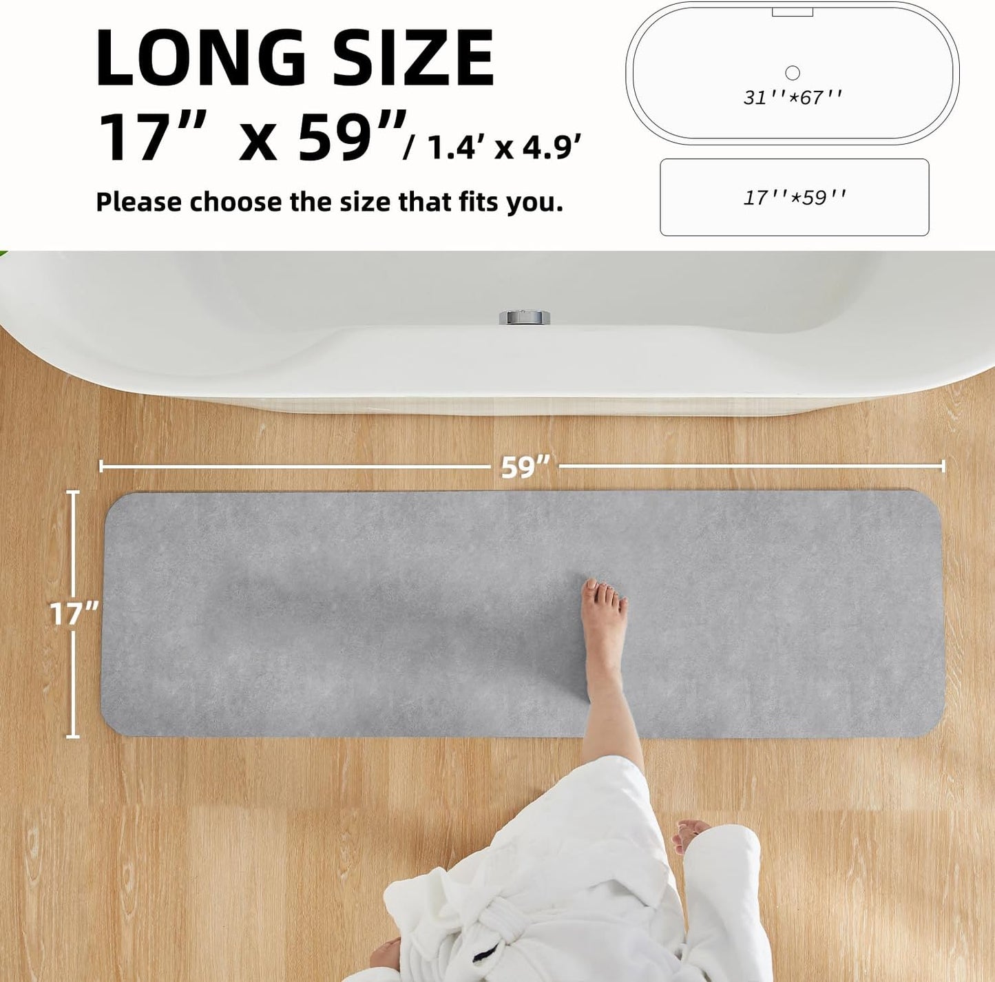 Bathroom Mat Quick Dry, Bathroom Rugs Non Slip Washable Thin Absorbent Bath Mat Fits Under Door Bathroom Floor Mat Perfect for Bath, Shower, or Sink 17"x59" Light Grey