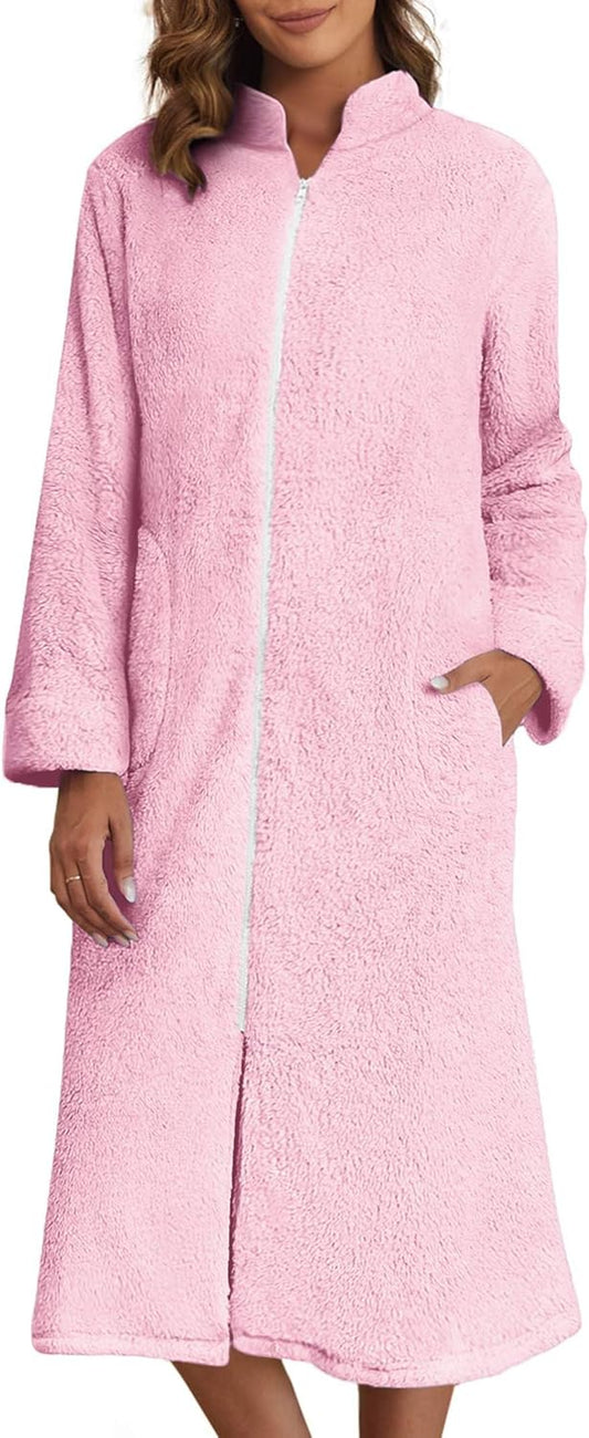Ekouaer Women's Zip Up Robe Fleece Bathrobe Long Zipper Lounger Warm Housecoat Long Sleeve Nightgown with Pockets S-XXL
