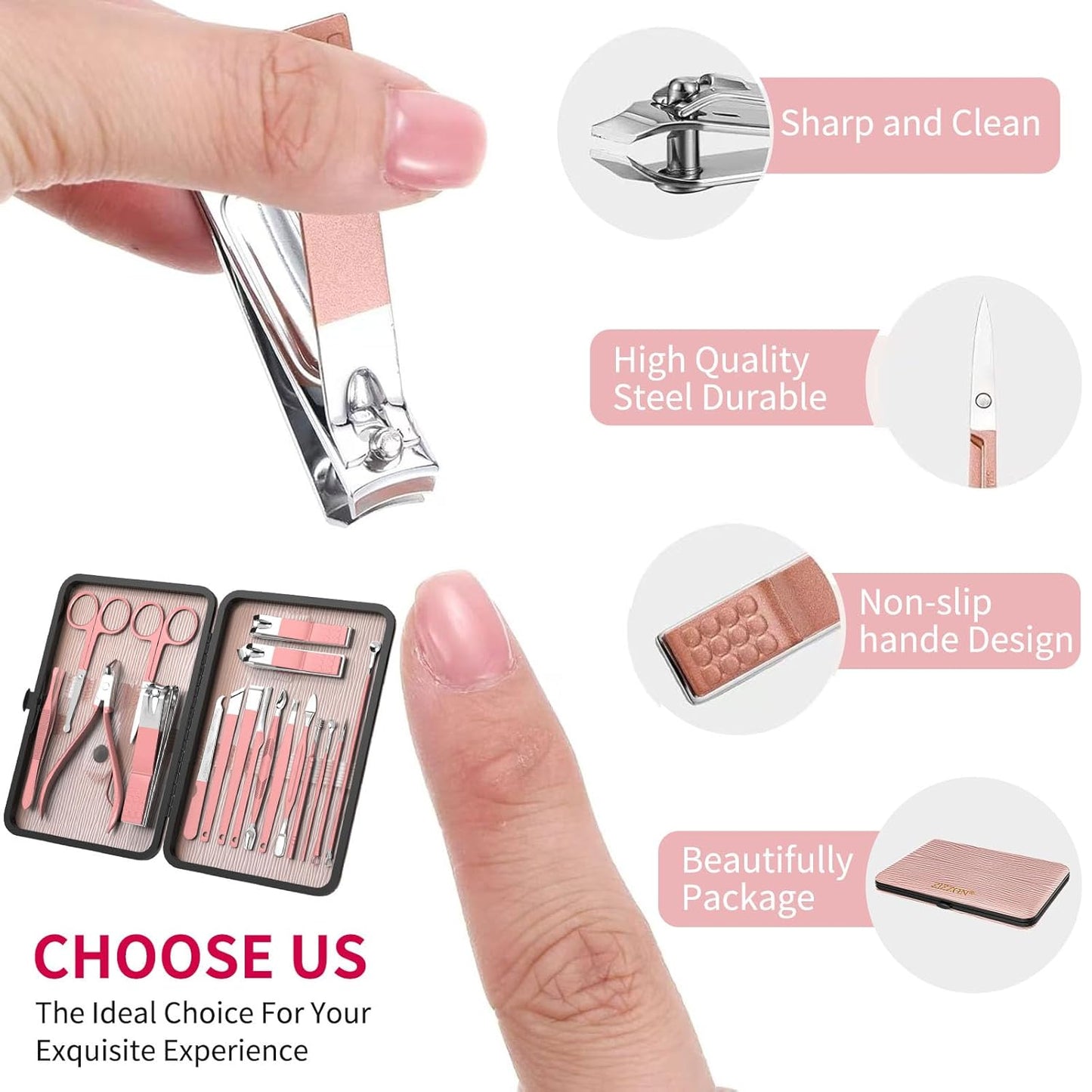 ZIZZON Manicure Set 18 in 1 Professional Pedicure Set Nail scissors Grooming Kit with Leather Travel Case Pink