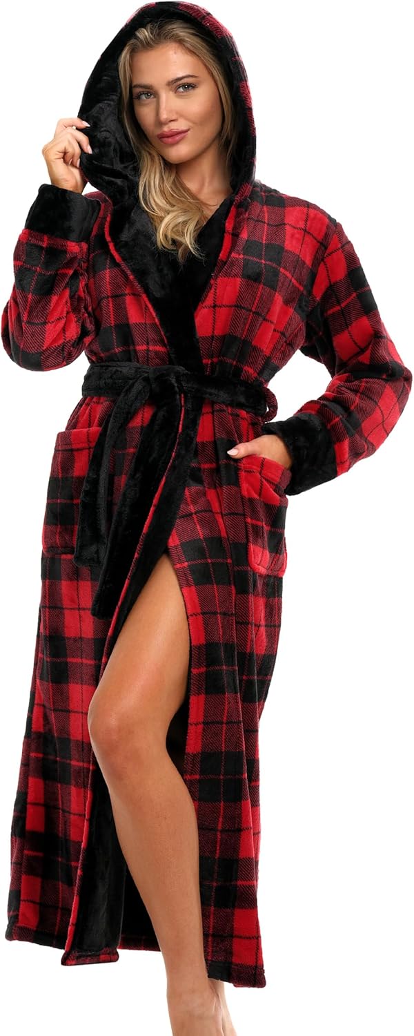 Alexander Del Rossa Womens Robe, Long Plush Bathrobe with Hood, Hooded Robes for Women Plus Size Bath Robe