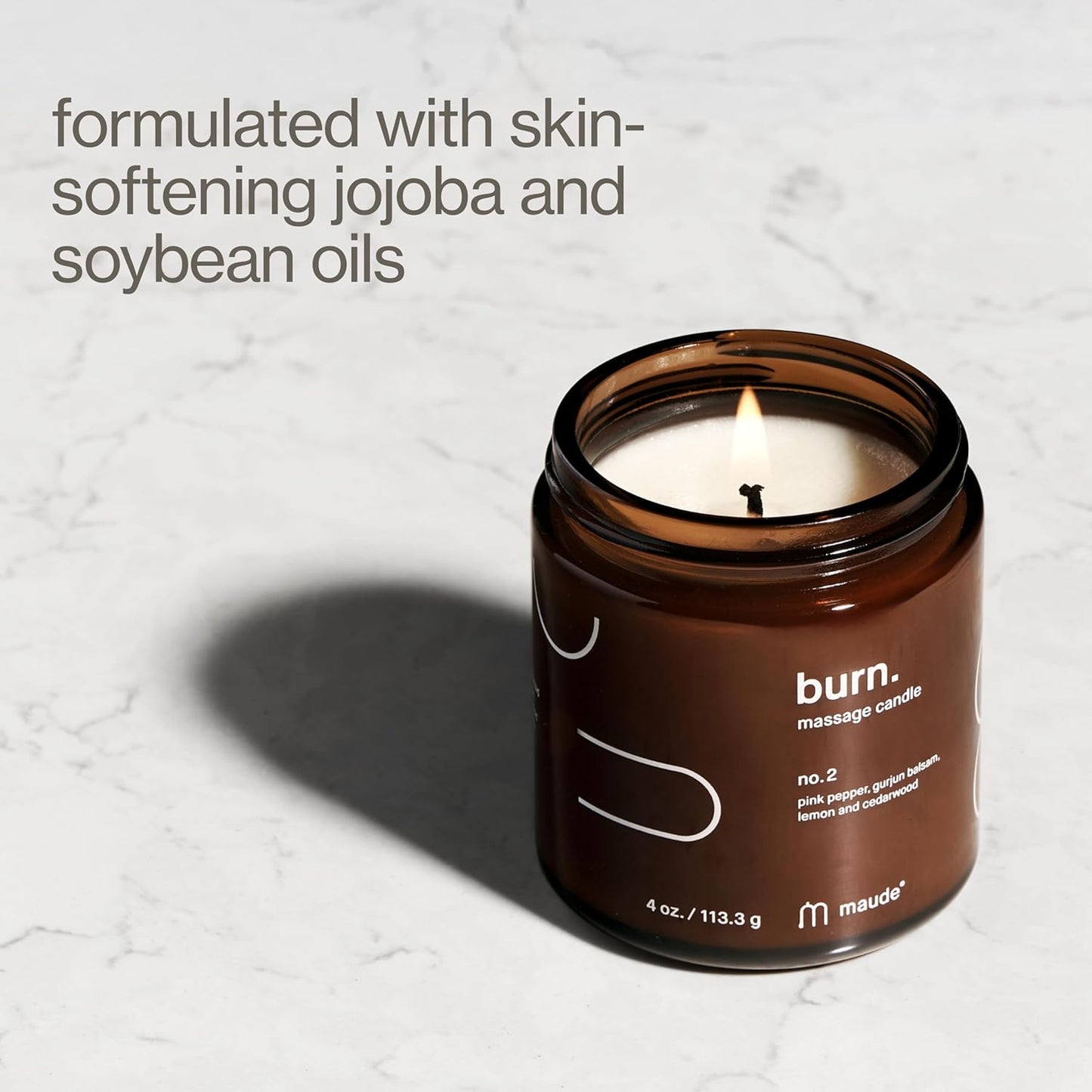 Maude Burn No. 2 - Jojoba Oil Massage Candle with Hydrating, Skin-Softening Soybean Oil - Massage Oil Candle with Notes of Lemon, Cedarwood + Pink Pepper - Home + Self Care Gifts for Women & Men(4 oz)