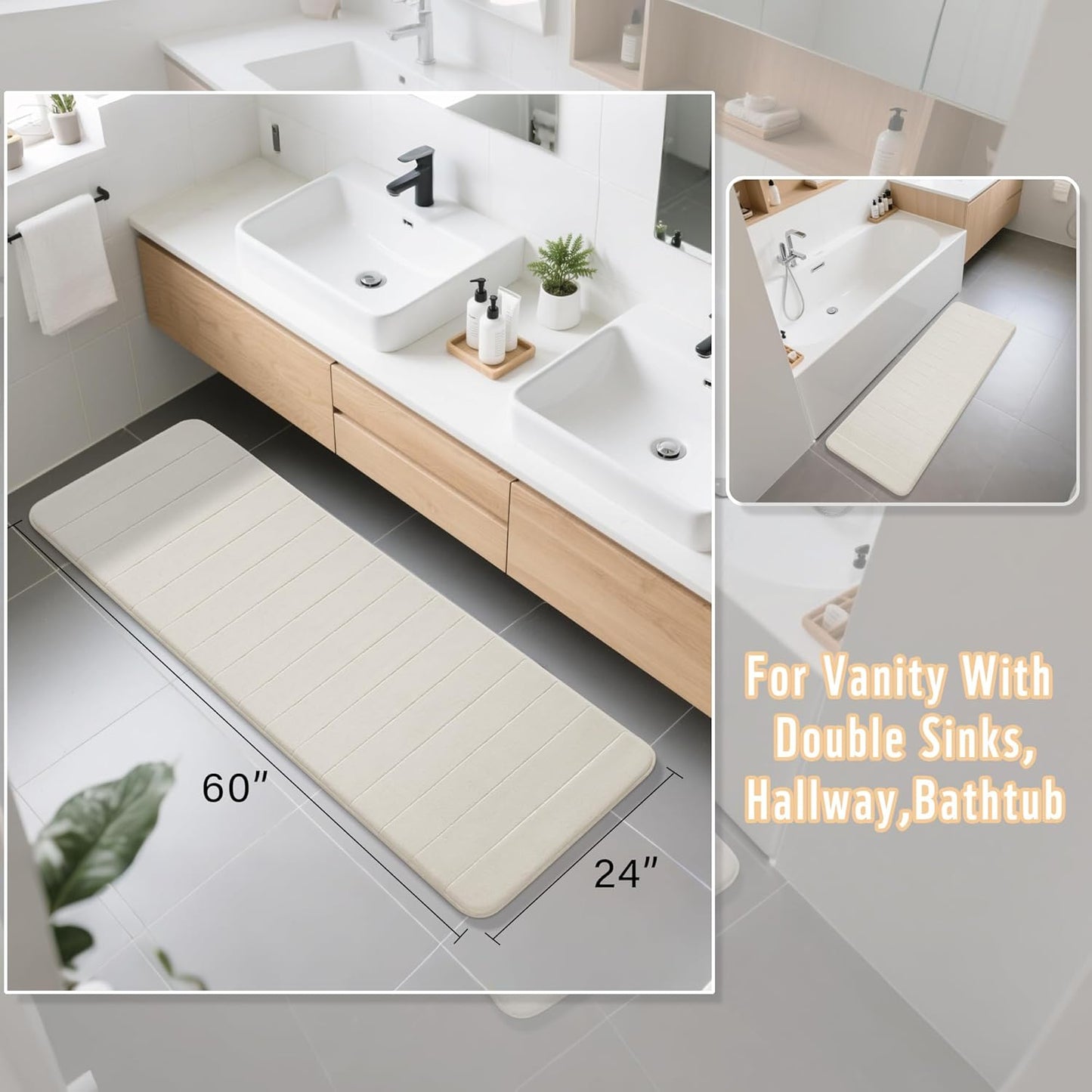 Yimobra Bathroom Runner 60"x24", Non Slip Memory Foam Bath Mat, Super Soft Water Absorbent Hallway Carpet, Machine Washable Rug for Vanity Tub Shower, Cream
