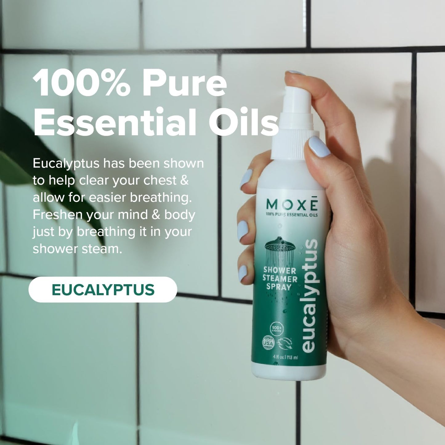 MOXE Eucalyptus Oil Shower Mist, Spa Steam Spray, Certified Natural 100% Essential Oils, Made in USA, Aromatherapy, Sinus Congestion Relief, Tension Relief (8oz)