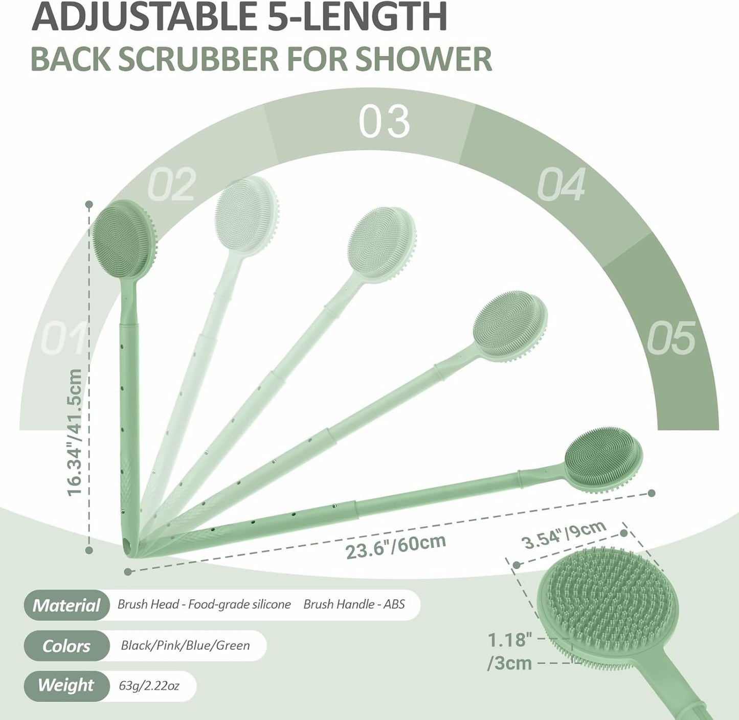Adjustable Silicone Back Scrubber for Shower, 16''- 24'' Extendable Shower Back Scrubber for Rich Foam, 5-Length Back Brush Bath Brush with Dual-Side Head and Super-Lathering Bristles(Green)