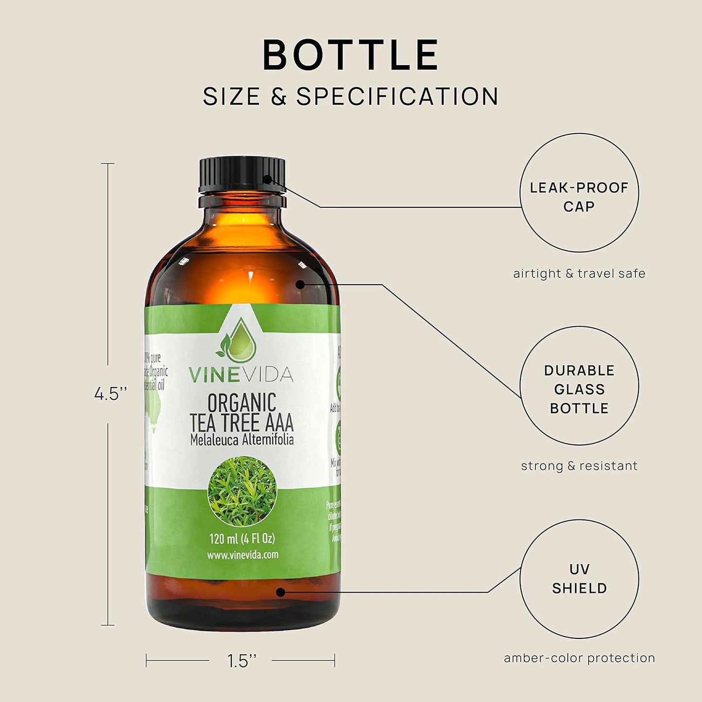 VINEVIDA Organic Tea Tree Essential Oil 4 oz - Undiluted, Pure, Vegan, and Sustainable