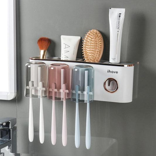 iHave Toothbrush Holders Bathroom Accessories with Toothpaste Dispenser, 3 Cups Toothbrush Holder Wall Mounted Bathroom Decor