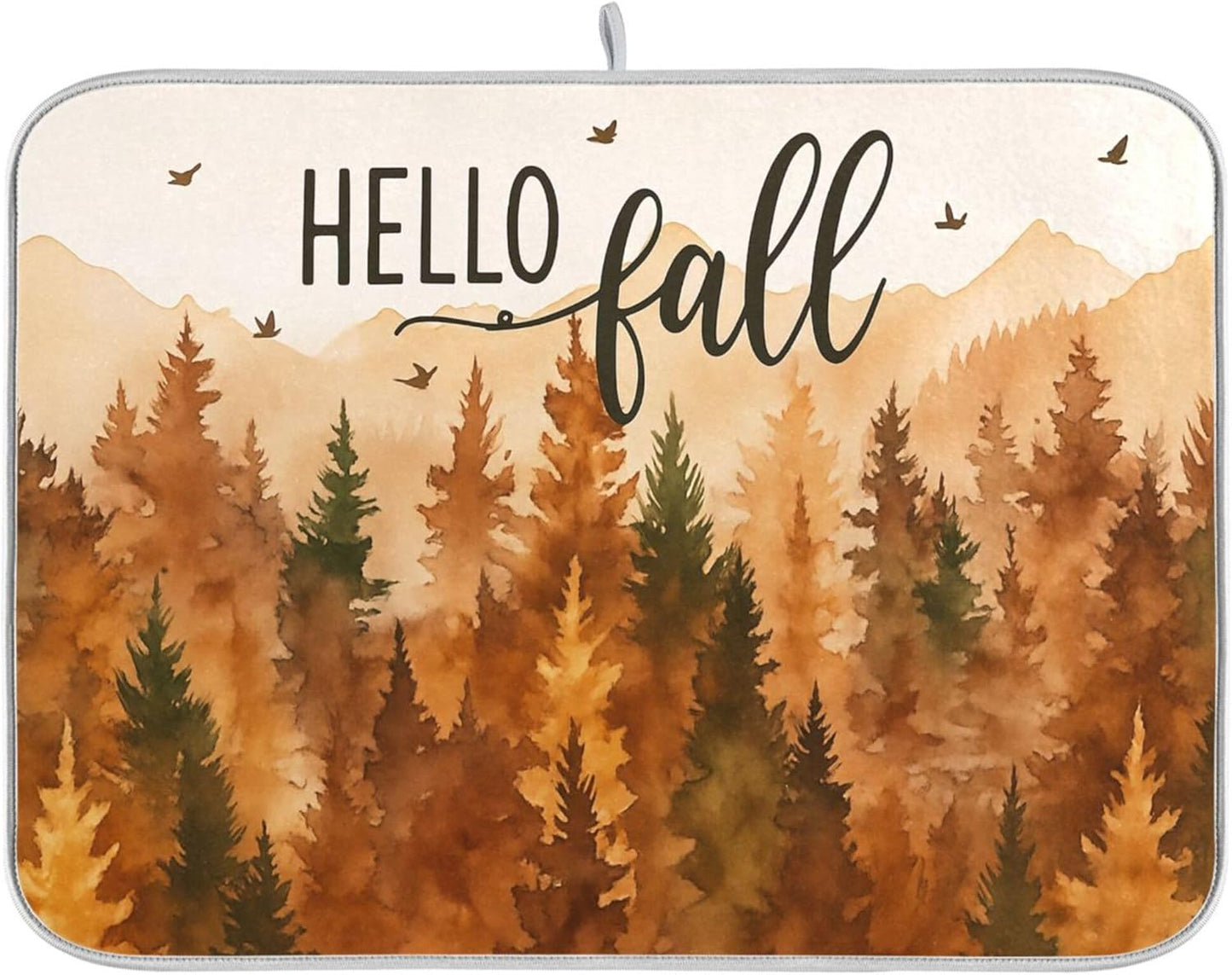 Hello Fall Forest Dish Drying Mat for Kitchen Countertop 18x24 Autumn Pine Tree Large Drying Mat Reusable Quick Dry Dish Sink Mats Easy Clean Decorative Essentials