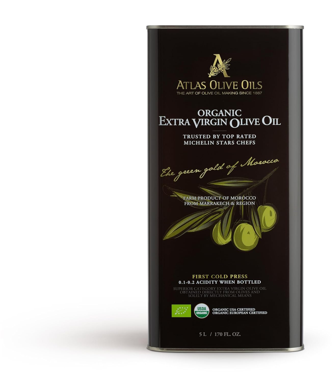A ATLAS OLIVE OILS Bulk Organic Cold Pressed Moroccan Extra Virgin Olive Oil, Polyphenol Rich, Newly Harvested Unprocessed from One Single Family Farm Cold Press Ext. Virgin 170 Fl Oz (Pack of 1)