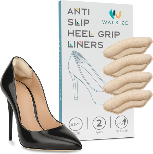 Walkize Anti Slip Heel Pads for Shoes Women & Men - Cushioned Heel Grips - Shoe Inserts for Women - Blister Prevention, Heel Pain Relief & Comfort in High Heels, Dress Shoes (2 Pairs, Beige)
