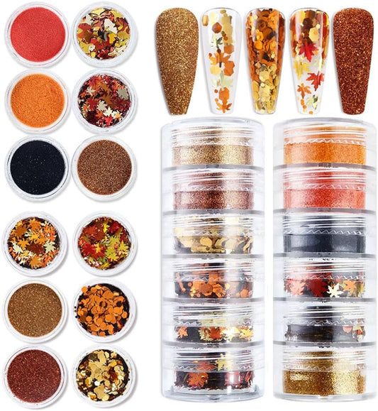 12 Grids Fall Maple Leaf Nail Sequins Thanksgiving Nail Art Stickers 3D Maple Leaves Nail Glitter Powder Autumn Glitter Flakes Red and Yellow Nail Glitter Nail Art Supplies for Acrylic Nails