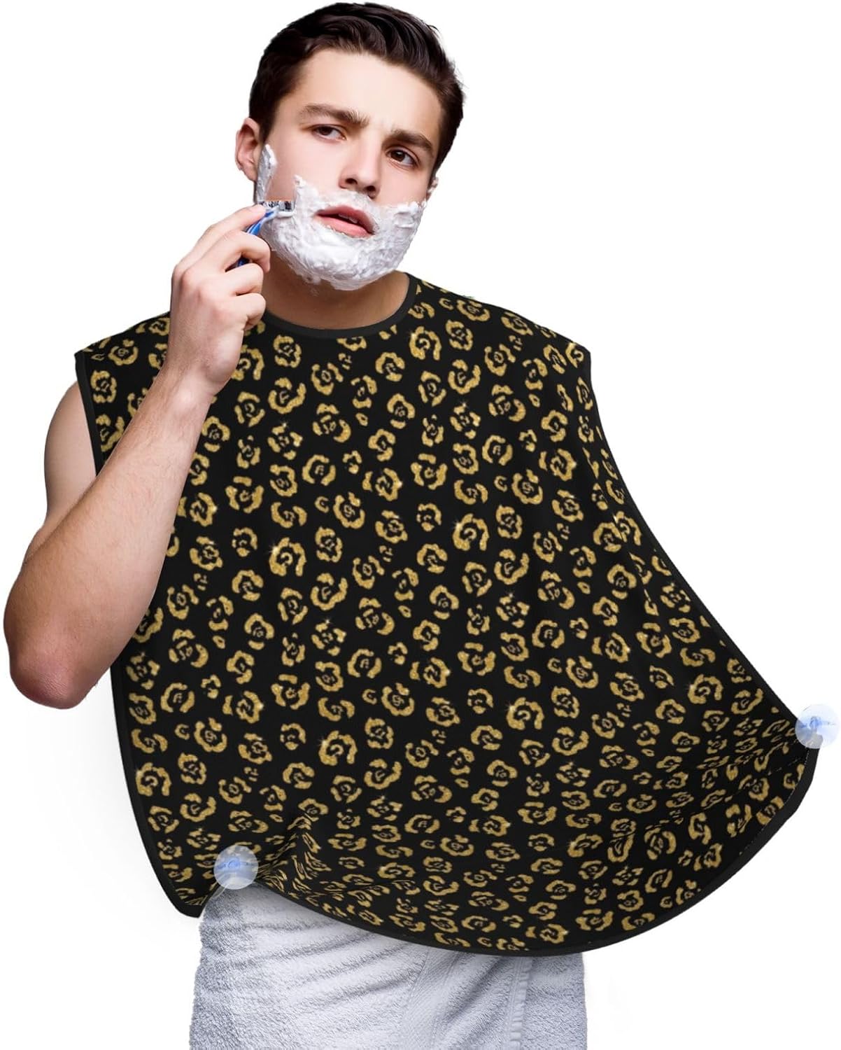 Non-Stick Beard Shaving Bib, Hair Catcher Apron with Suction Cups, Waterproof Grooming Tool for Men Husband, Gold Glitter Wild Animal Black Cheetah Leopard Ptint Shave Bib