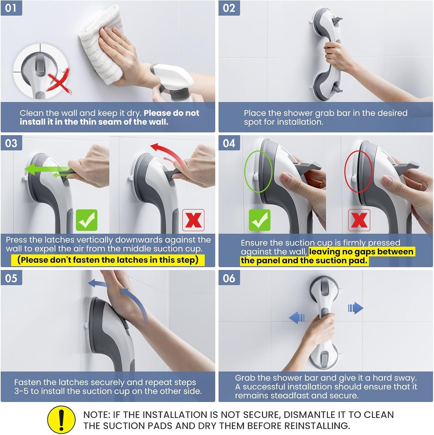 Grab Bars for Bathtubs and Showers Glow in The Dark, 12 inch Suction Grab Bar, Shower Handle Safety Grip Handrail for Seniors and Elderly, Removable Waterproof No Drilling, Grey