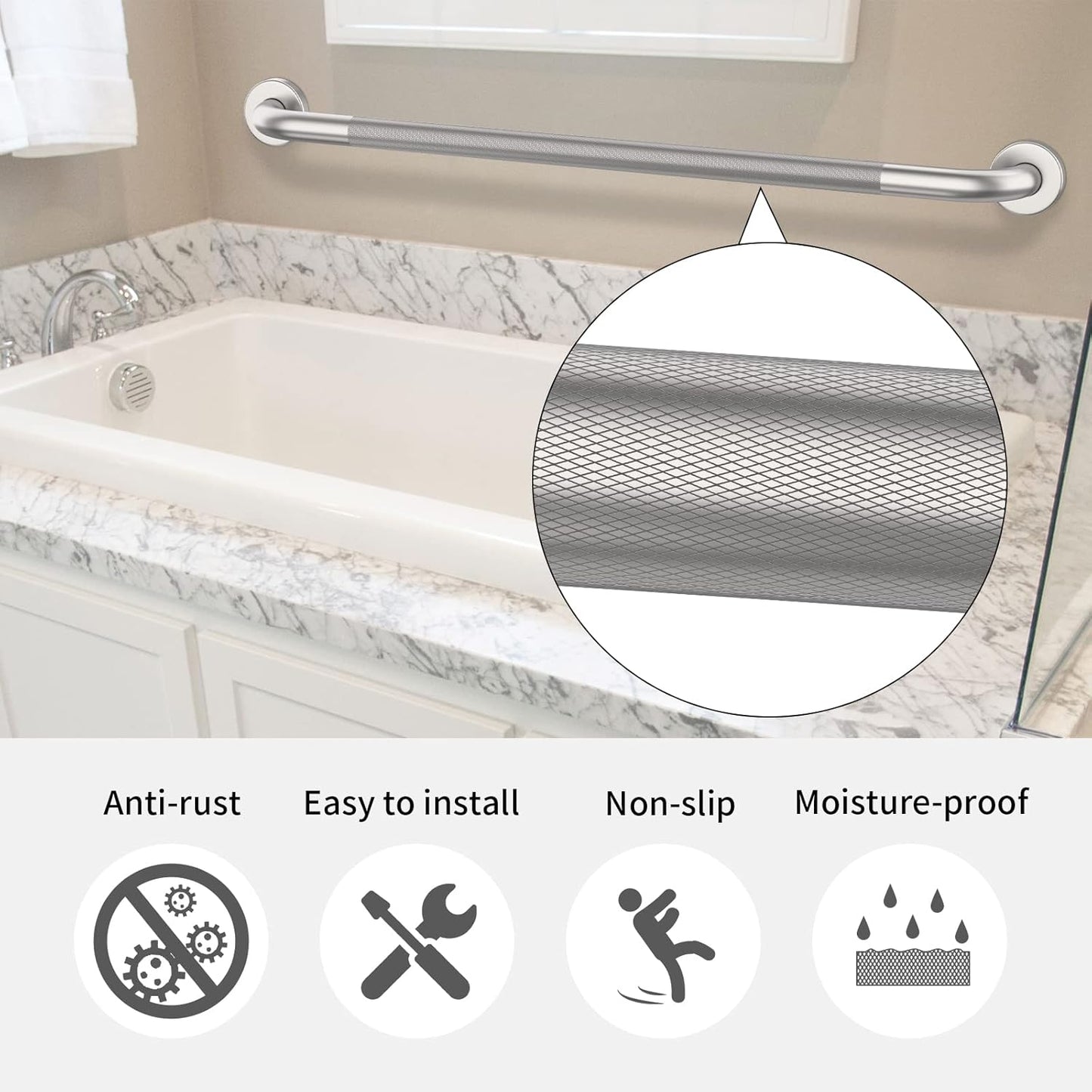 Brushed Nickel Shower Grab Bar w/Anti-Slip Knurled Grip 36 Inch, Zepolu Stainless Steel Bathroom Grab Bars, Safety Bar Balanced Handrail, Handicap Injury Elderly Senior Assist Support Shower Handle