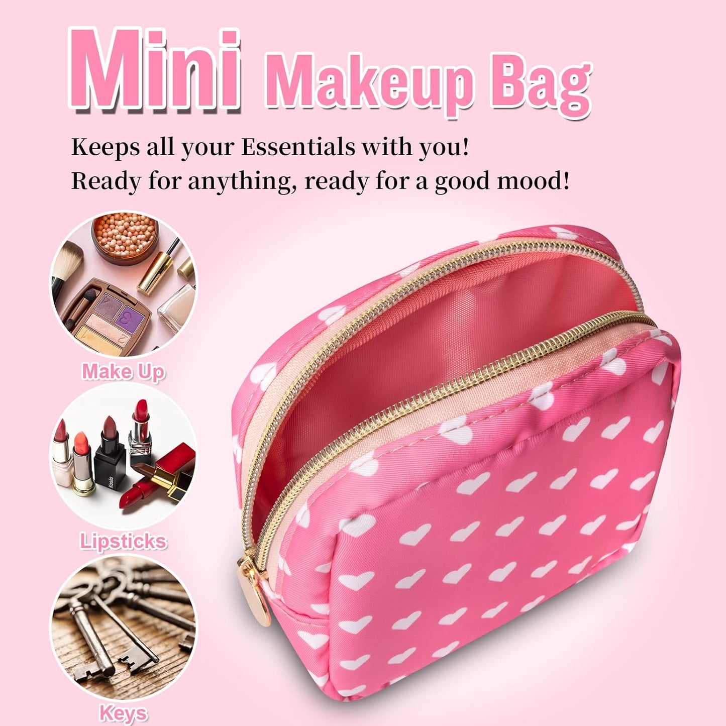 Nylon Mini Makeup Bag for Purse - Small Cute Cosmetic Zipper Pouch - Waterproof Travel Coin Pouch - Sanitary Napkin Storage - Make Up Organizer for Women & Girls (Pink Heart)