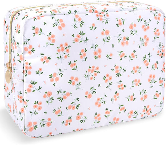 Nylon Large Floral Makeup Organizer Bag, Preppy Big Cute Flower Cosmetic Zipper Pouch Multi-compartment with Dividers, Waterproof Toiletry Makeup Brushes Bag Travel Essentials for Women(White-Floral)