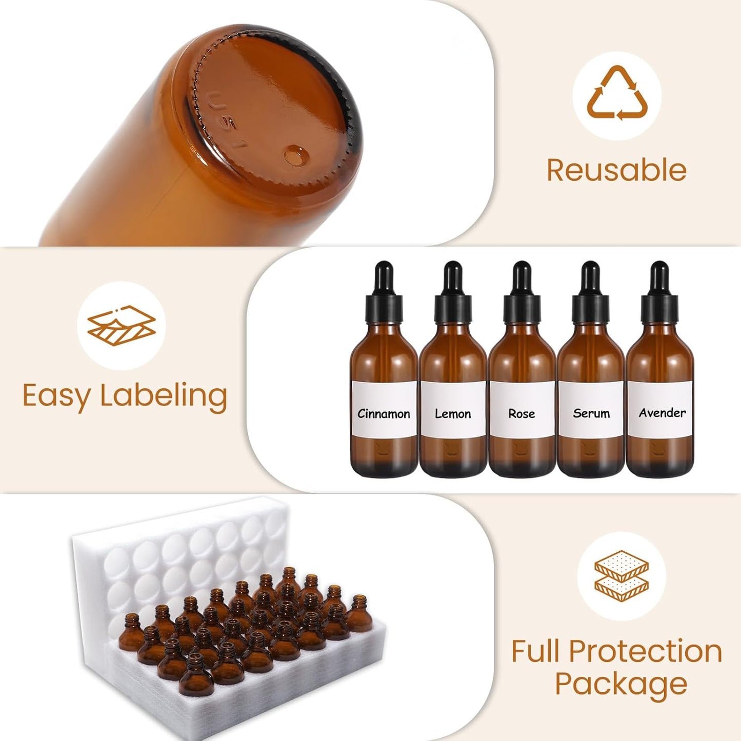28 Pack 2oz Amber Glass Dropper Bottles Leakproof with Funnels, Eye Droppers, Extra Caps, Labels - Refillable UV Resistant 60ml Empty Bottles for Tinctures, Essential Oils, Beard, Hair Oil