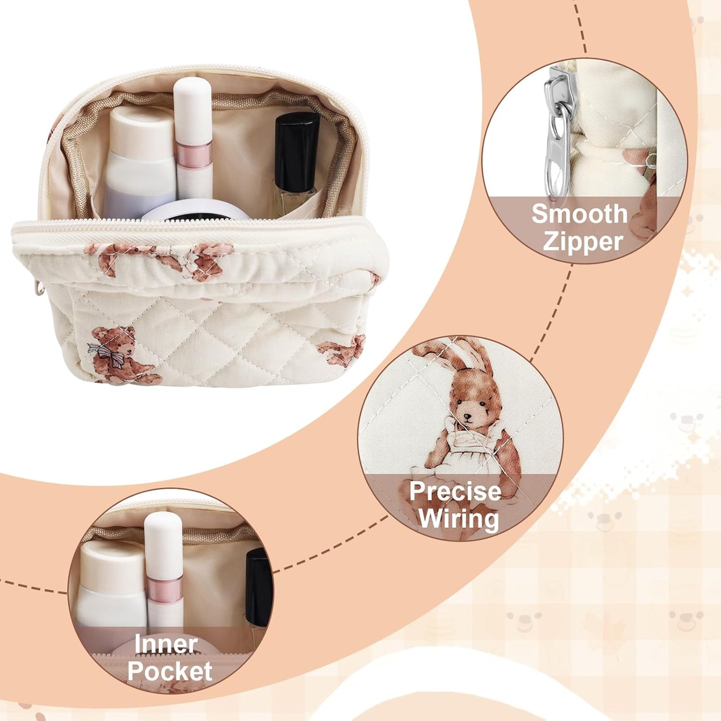 Small Quilted Cotton Makeup Bag for Purse Mini Cosmetic Period Bag for Women Cute Small Bear Makeup Sanitary Pouch Portable Travel Toiletry Bags with Zipper Slip in Pockets Birthday Gifts