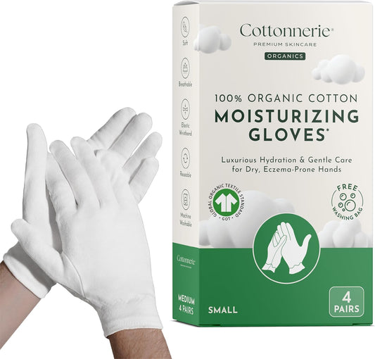 Cottonnerie Organic Cotton Gloves for Dry Hands Sleeping, Moisturizing Gloves Overnight, Hand Moisturizer Gloves, Moisture Gloves for Dry Hands Overnight, Sleeping Gloves, Small 4 Pairs