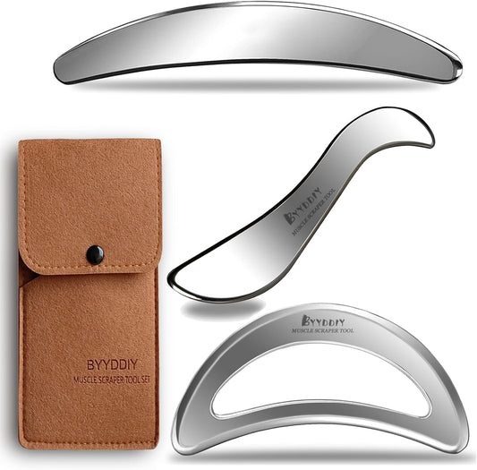 BYYDDIY Moon Shape 3 in 1 Stainless Steel Muscle Scraper Tools Set,Guasha Tool for Body,Scraping Massage Tools for Physical Therapy,Derma Edge Massage Tool & GuaSha Massage Scraper Tool (MN-SC1)