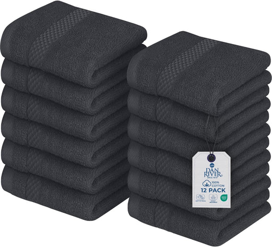 DAN RIVER 12-Pack Premium 100% Cotton Dark Gray Face Towels – Reusable Face Towel Set, Soft & Absorbent Small Wash Cloths for Bathroom & Body – Hand and Face Towels, 550 GSM (12x12 in)