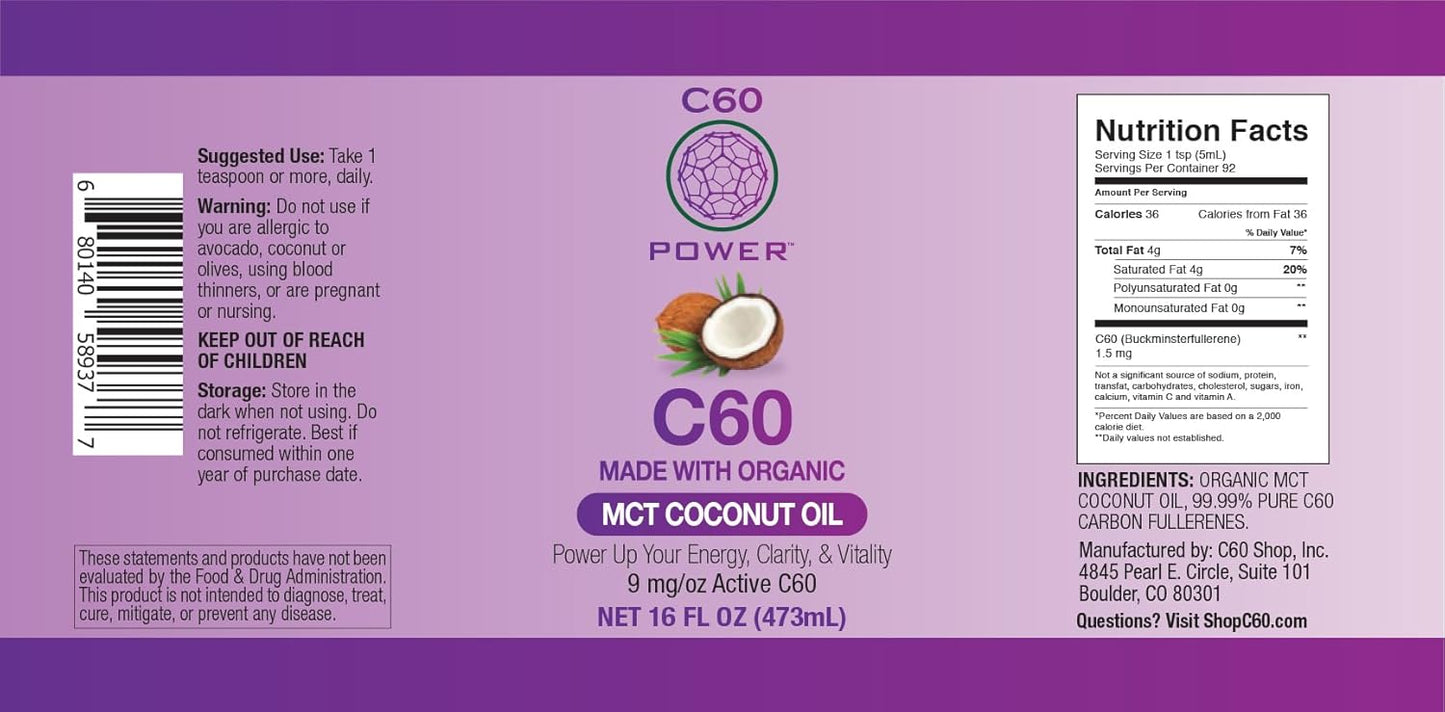 C60 Purple Power Organic MCT Coconut Oil, Organic Cold-Pressed Coconut Oil, 99.99% Pure C60 Carbon Fullerenes (16 oz)