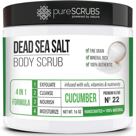 pureSCRUBS Premium Cucumber Body Scrub Set - Large 16oz Dead Sea Salt Body Scrub for Women Exfoliation KP Bump Eraser Body Scrub Includes Wooden Spoon, Loofah & Soap