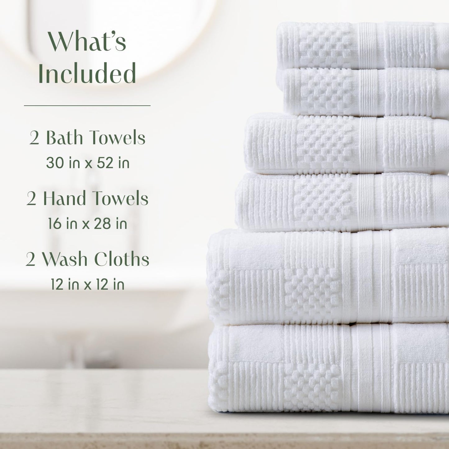 Springtree Home 100% Cotton Bathroom Towel Set | 6 Piece Set - White Towels | Geometric Textured Design | Absorbent & Quick-Dry | Oeko-TEX® Standard 100 Cotton | Myla Collection - White