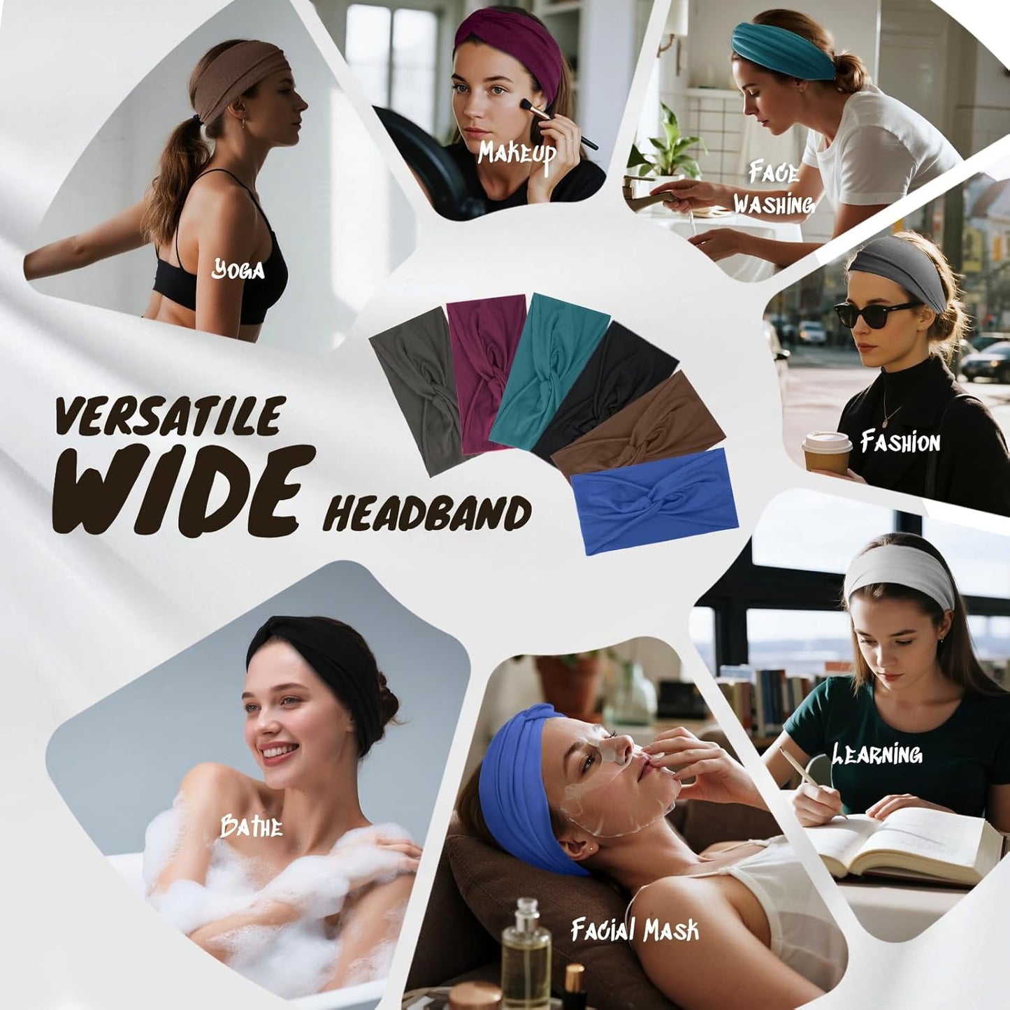 Headbands for Women, Non Silp Wide Hair Bands, Elastic Thick Head Bands, Stretchy Soft Sports Sweat Bands for Spa Workout Running Gym, Cotton Cloth Band 6Pcs GrayBurgundyGreenBlackCoffeeNavy