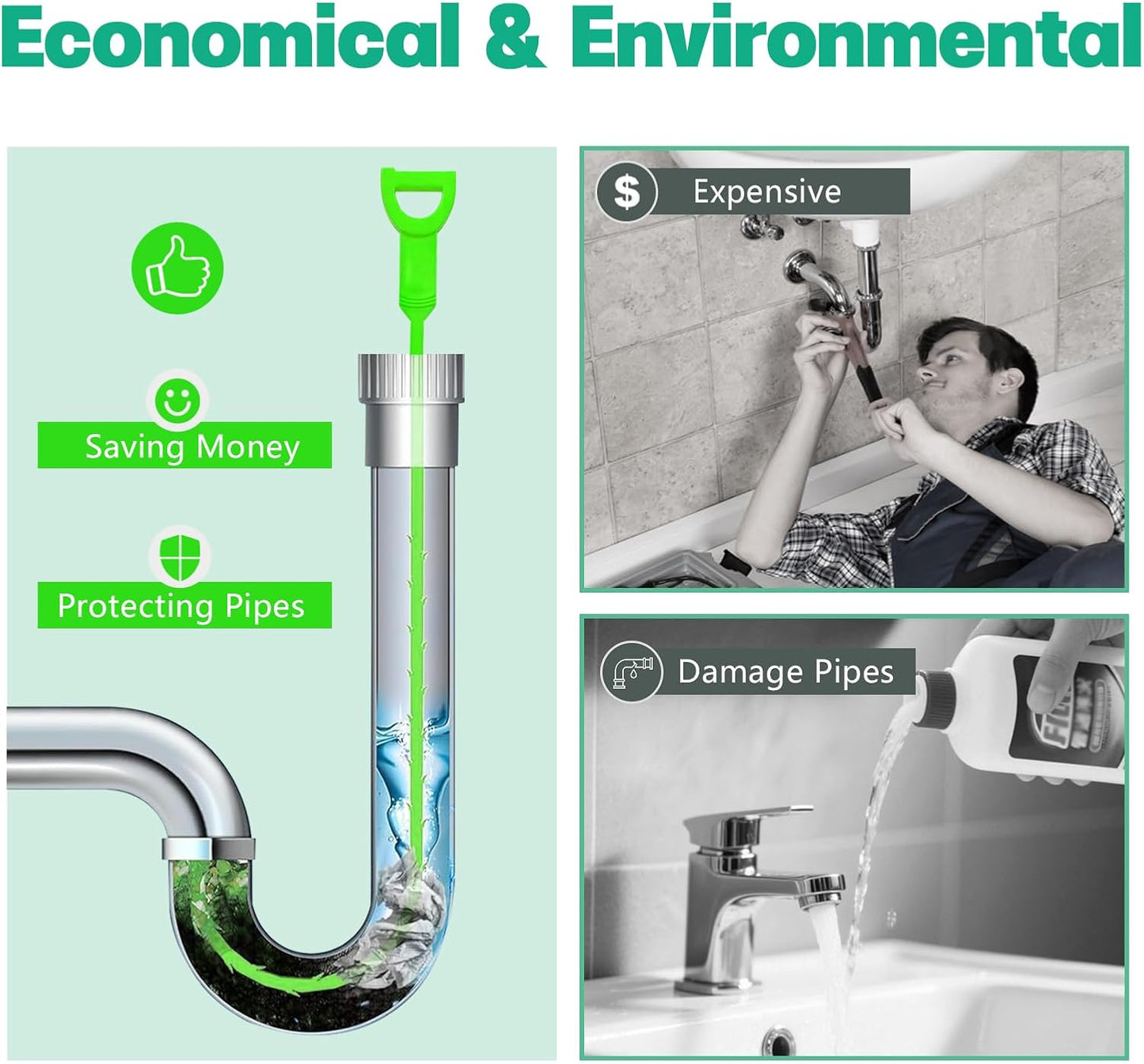 Drain Snake Hair Drain Clog Remover - 4 Pack Shower Snake Sink Unclogger Tool with Exquisite Packaging (Green)