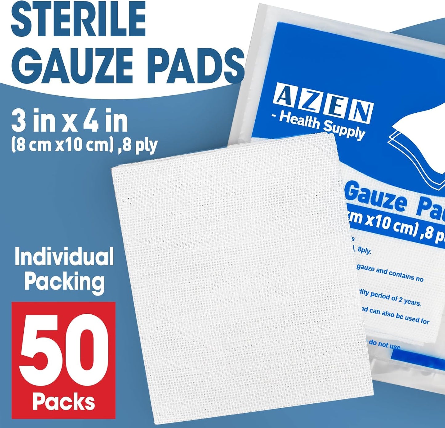 AZEN 50 Pack Sterile Gauze Pads, 3" x 4" Non Stick Gauze Pads, 8-Ply Cotton Gauze Sponges for Wound Care and First Aid, Highly Absorbent Individually Wrapped Medical Gauzes