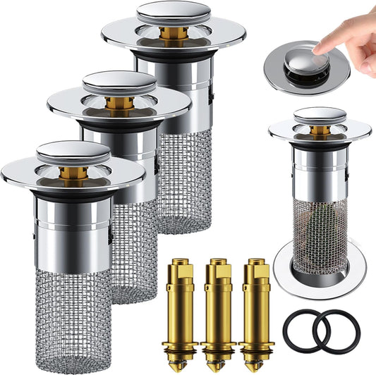 Sink Plug Hair Trap, Off-Bathroom Sink Stopper Hair Catcher, 2026 New Universal Pop up Sink Drain Filter, Stainless Steel Floor Drain Filter Bathroom Sink with Basket, Easy to Install (3Pack)
