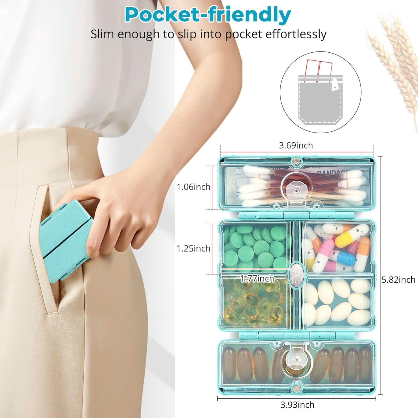 Zentiky Small Daily Pill Organizer with Labels, Medicine Pill Organizer Fit with Your Purse or Pocket for Travel to Hold Vitamin, Fish Oil, Supplement,Cotton Swabs, Bandages or Jewelry-Blue