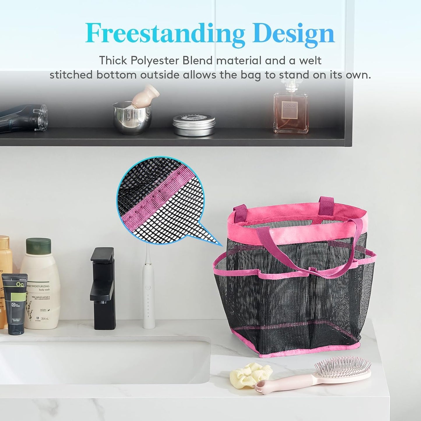 Lifewit Mesh Shower Caddy Freestanding Portable Shower Tote Bag for College Dorm, Bathroom, Gym, Travel, Quick Dry Hanging Shower Organizer with 7 Storage Pockets for Toiletry Essentials, Pink