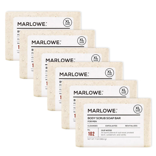 MARLOWE. No. 102 Body Scrub Soap 7 oz (6 Bars), Oud Wood, Exfoliating Soap Bar with Shea Butter, Olive Oil & Green Tea Extracts, Cleanses, Smooths & Revitalizes Skin, Earthy & Smoky Scent