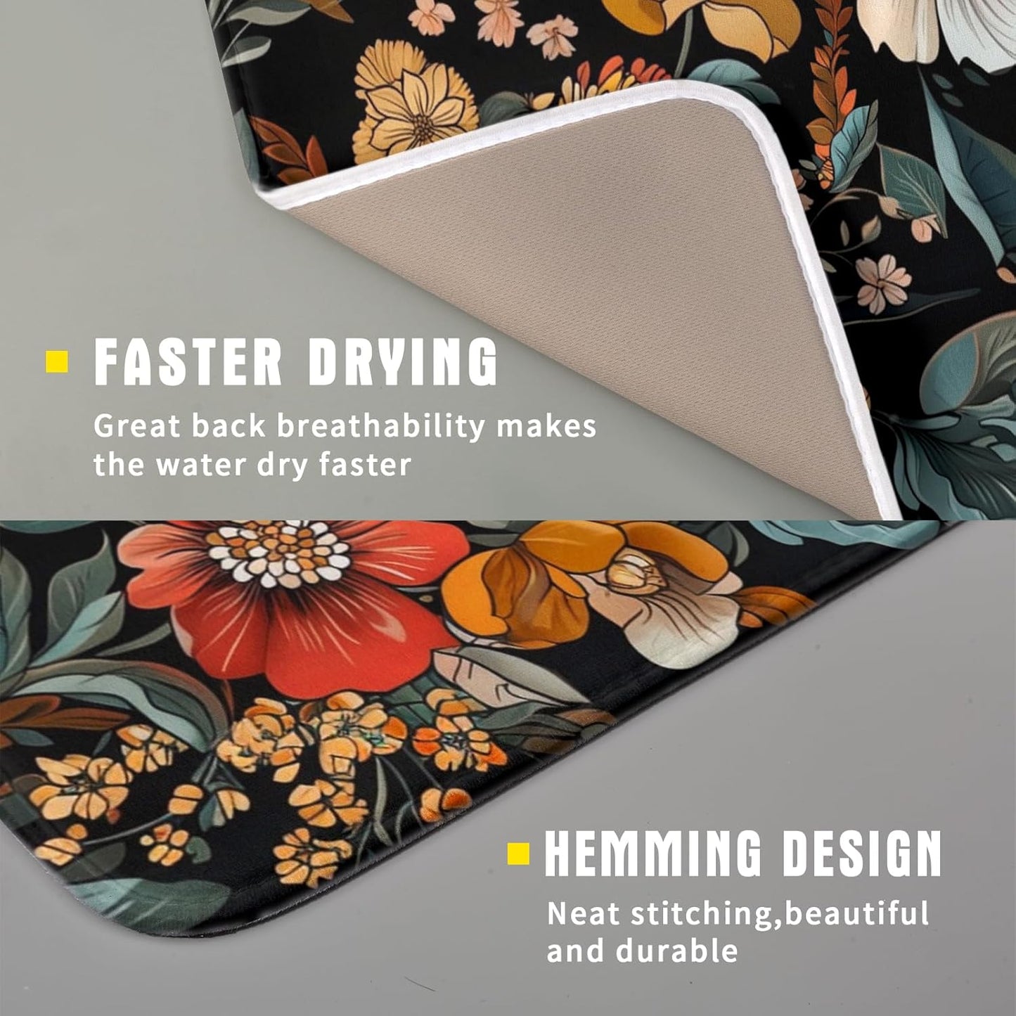 Vintage Floral Dish Drying Mat 16x18 inch Boho Flower Drainer Mats Fast Dry Absorbent Washable Dish Rack Pad Protector Kitchen Accessories