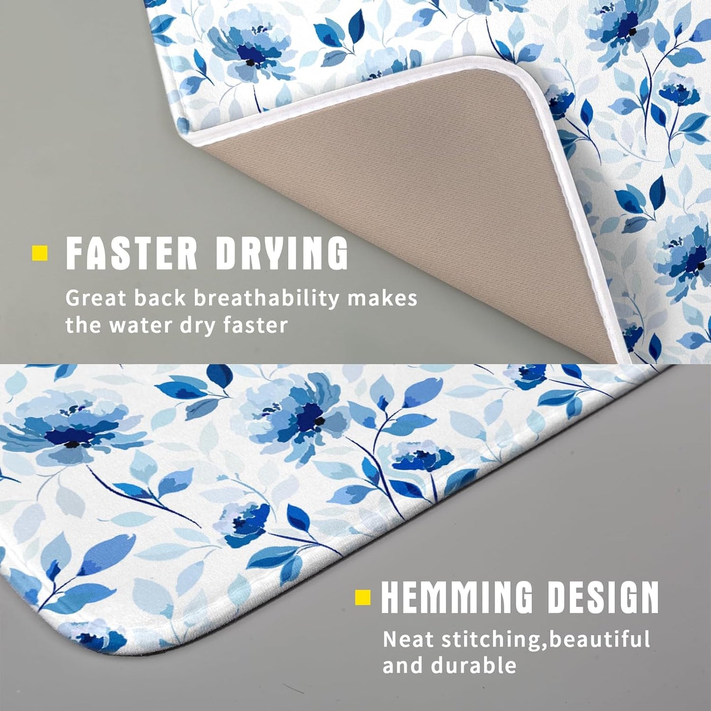 Blue Floral Dish Drying Mat 16x18 inch Flower Leaves Dish Rack Pad Microfiber Washable Dishes Drainer Pad Kitchen Countertop Accessories