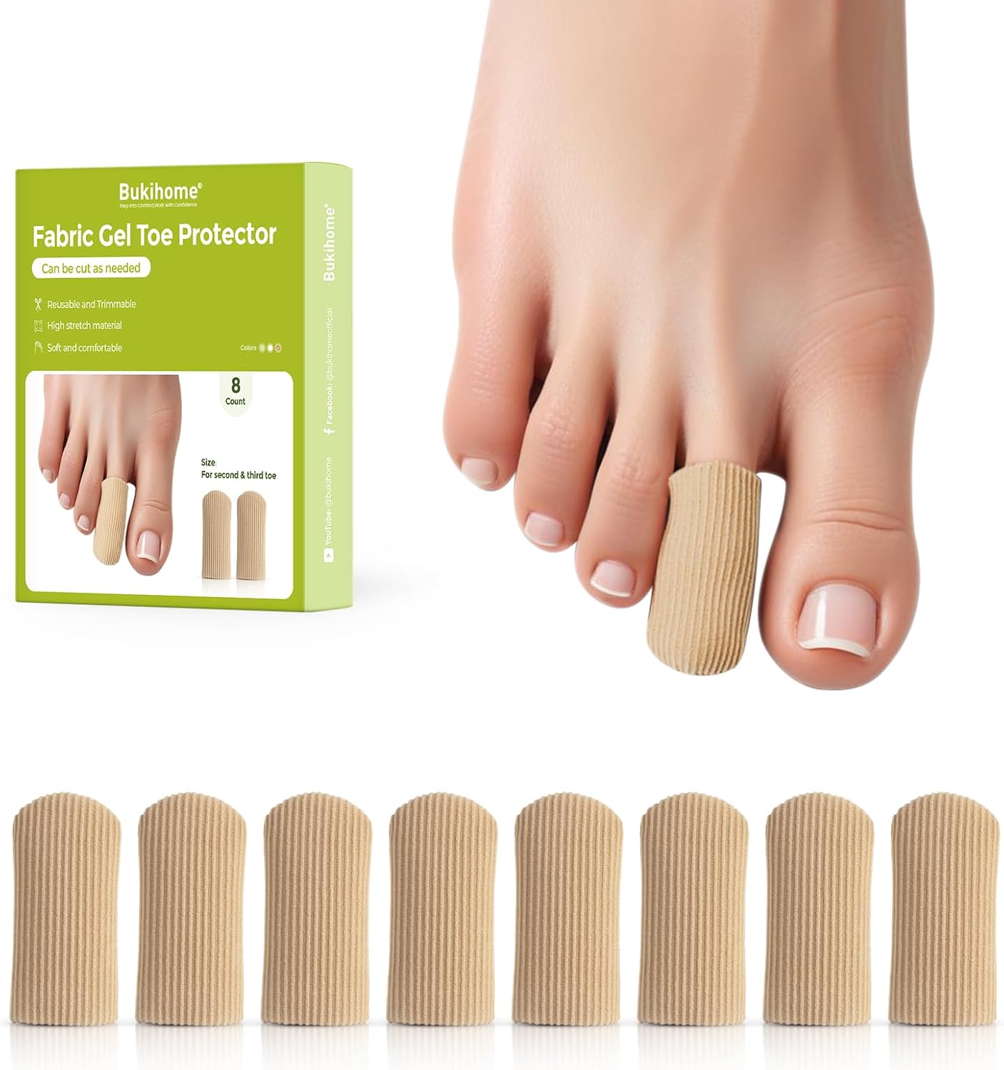 Bukihome 8 PCS Toe Protectors, Silicone Toe Caps Closed Toe Surface Fabric Sleeve Protectors, Prevent Pain Relief for Corns, Blisters and Ingrown Toenails（8PCS Medium Size)[Upgrade]