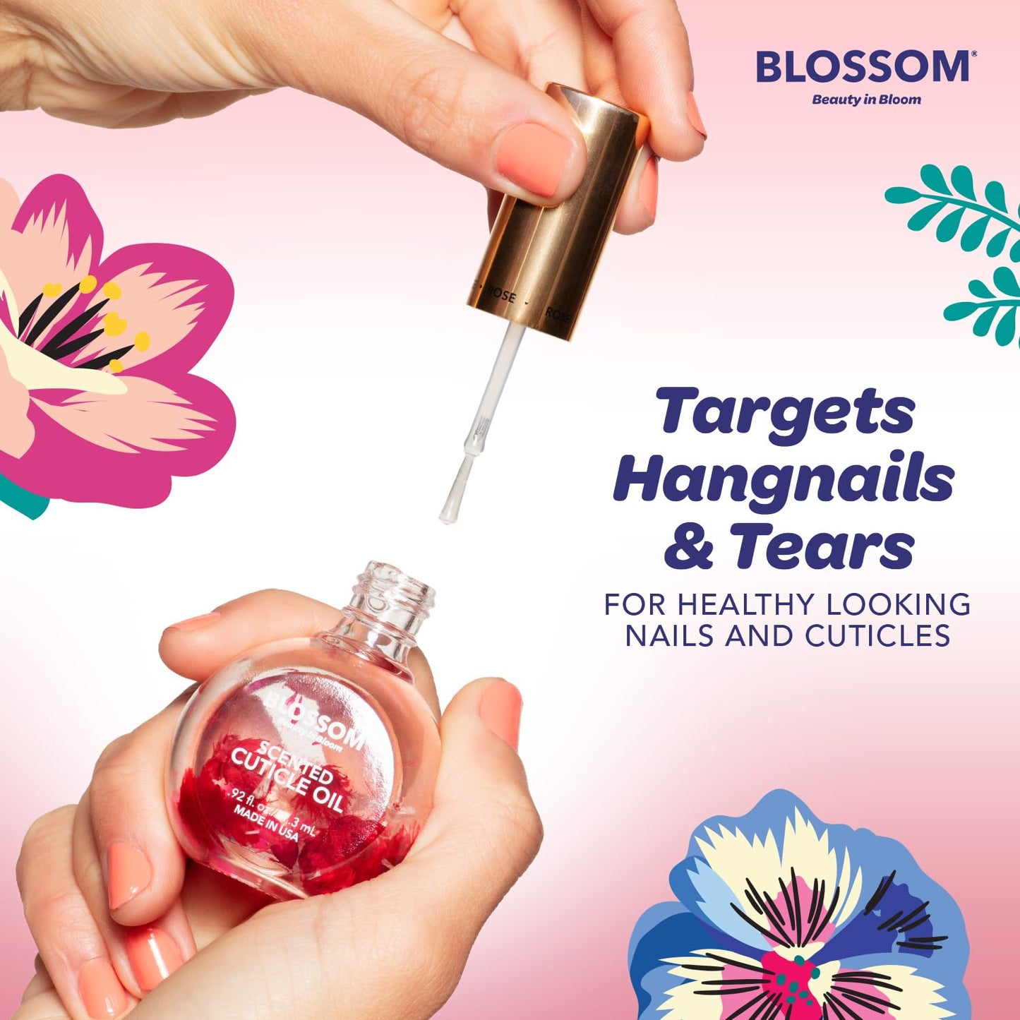 Blossom Cuticle Oil for Nails, Hydrating, Moisturizing, Scented Nail Oil Cuticle Care, Infused with Real Flowers, Made in USA, 0.5 fl. oz, Rose