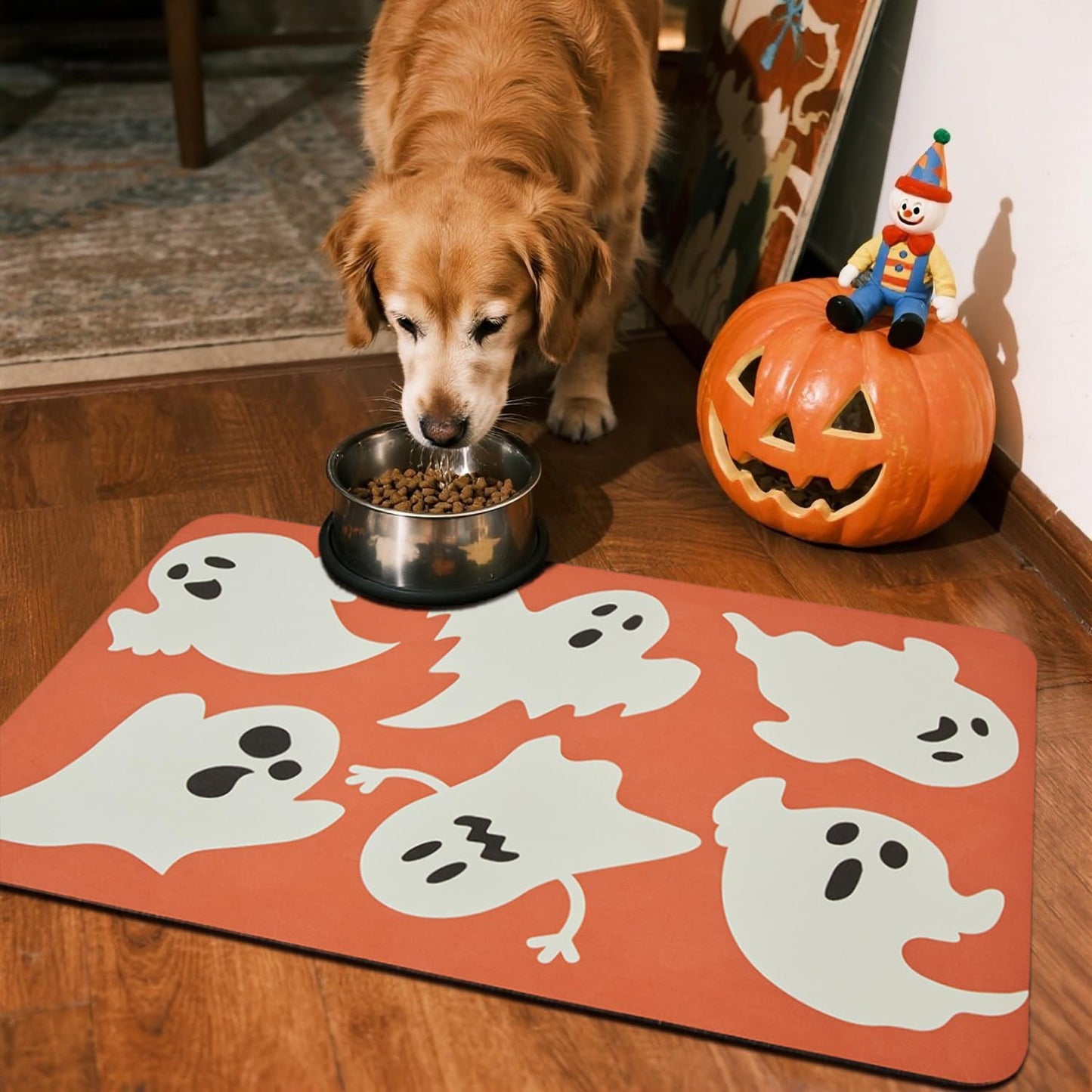 Halloween Bath Mat, Thin Halloween Bathroom Rug Non Slip Quick Dry Bath Mat Fits Under Door Thin Floor Mat Halloween Decor, 17''x30'', Cute Ghosts Orange