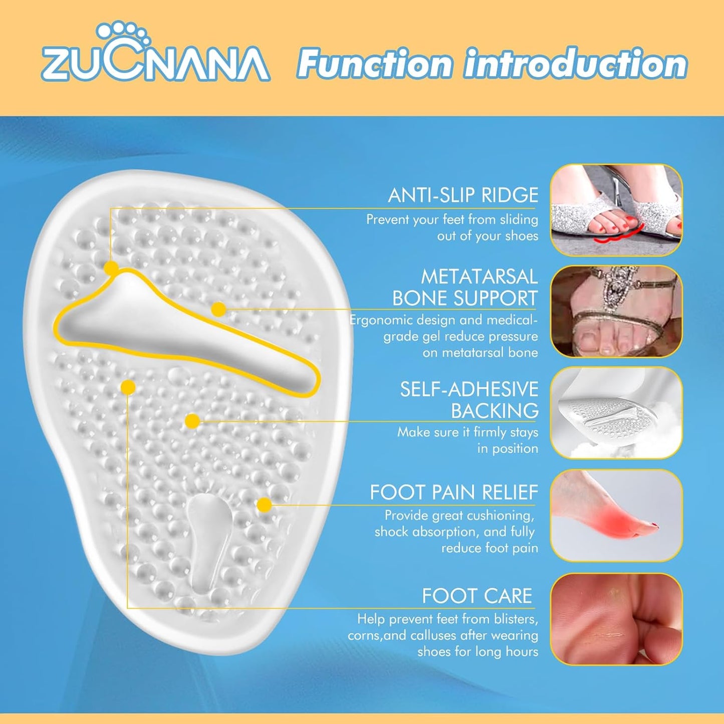 Metatarsal Pads for Women - Soft Gel High Heel Insoles, 4 Pairs, Non-Slip Design, Instant Foot Pain Relief, Self-Sticking Back, Fits All Feet Sizes