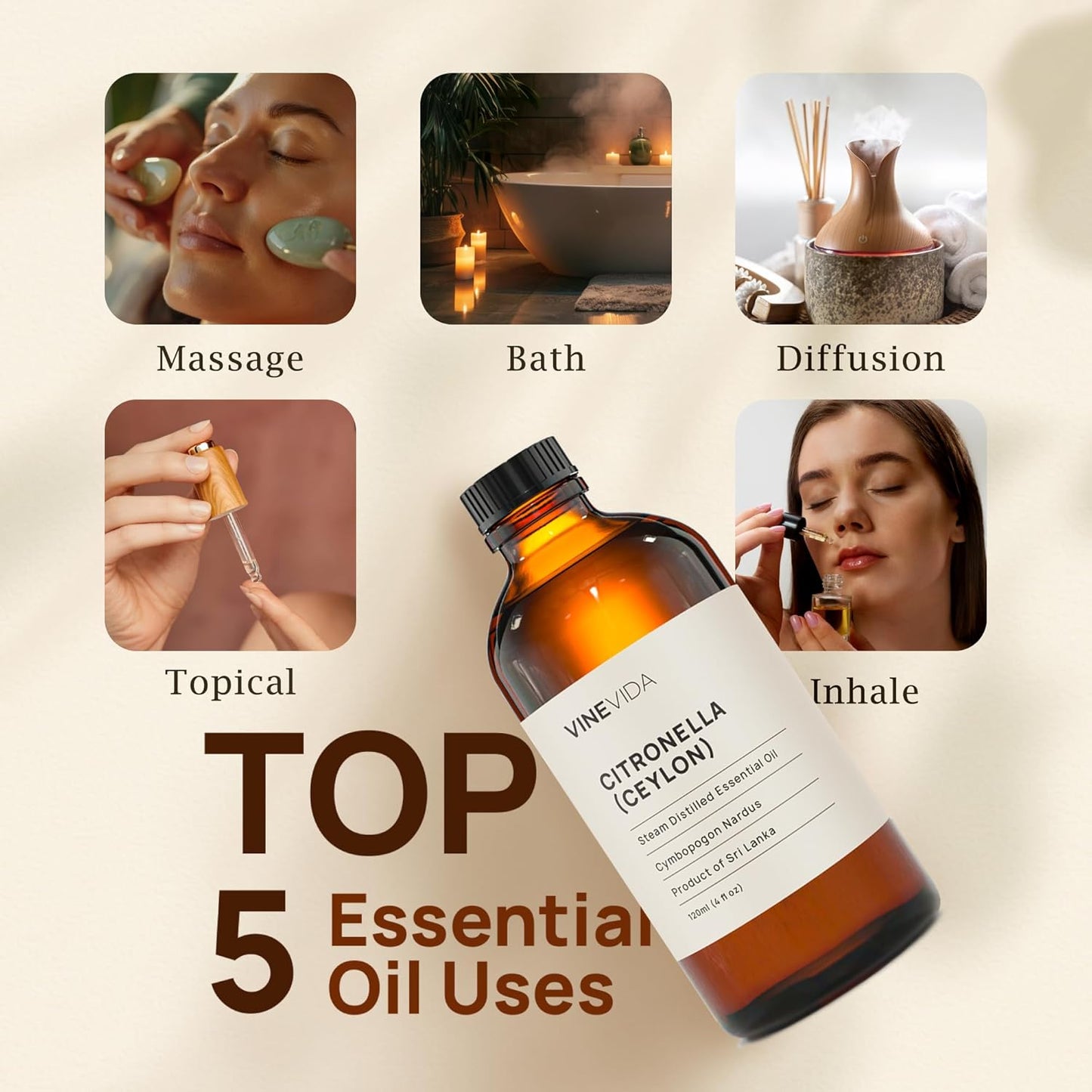 VINEVIDA Citronella Ceylon Essential Oil 4 oz - Undiluted Citronella Oil 4 oz - Citronella Candle Oil Scent - DIY Candle Scents for Candlemaking - Bulk Essential Oil for Soap Making Safe for Skin