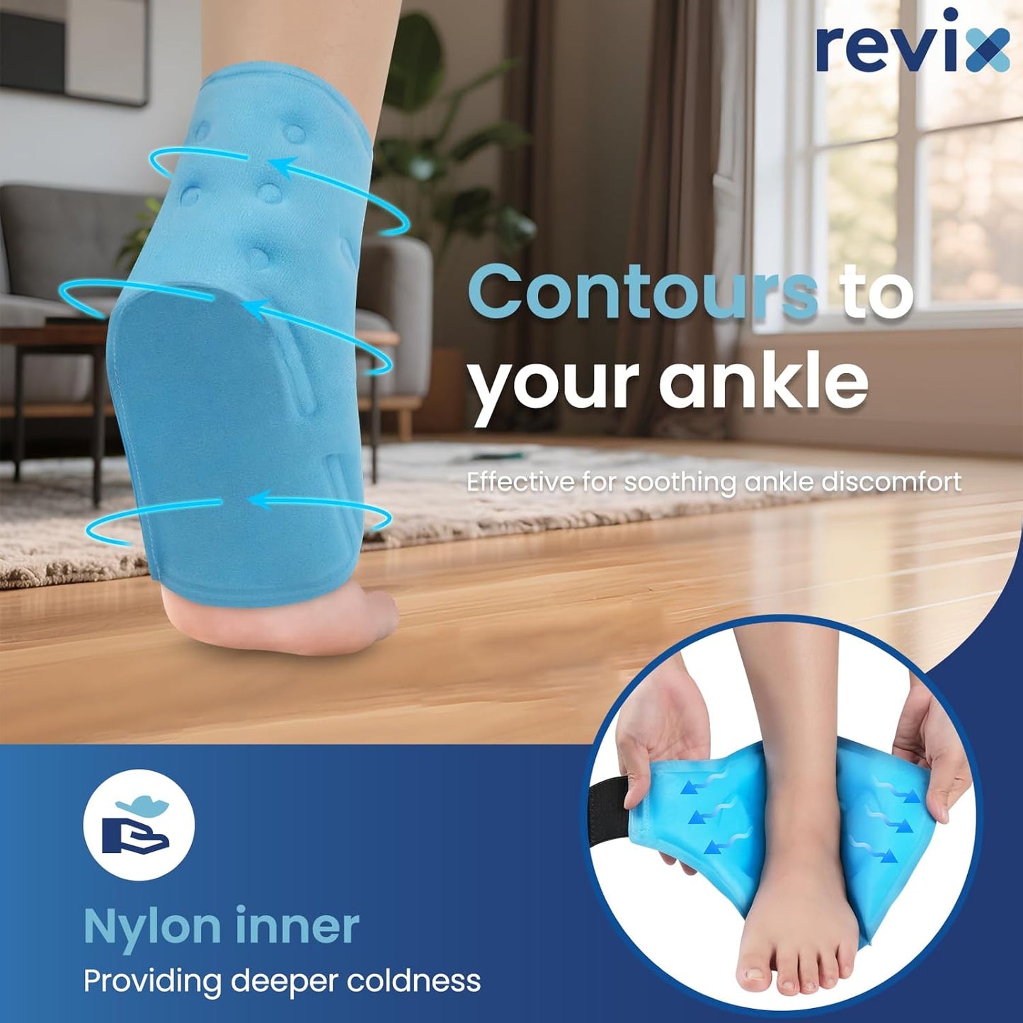 REVIX Ankle Ice Pack Wrap – Reusable Gel Cold Compression for Foot Discomfort, Ice Wrap for Feet Swelling and Recovery, Plantar Fasciitis, Achilles Tendonitis, and Sprained Ankles