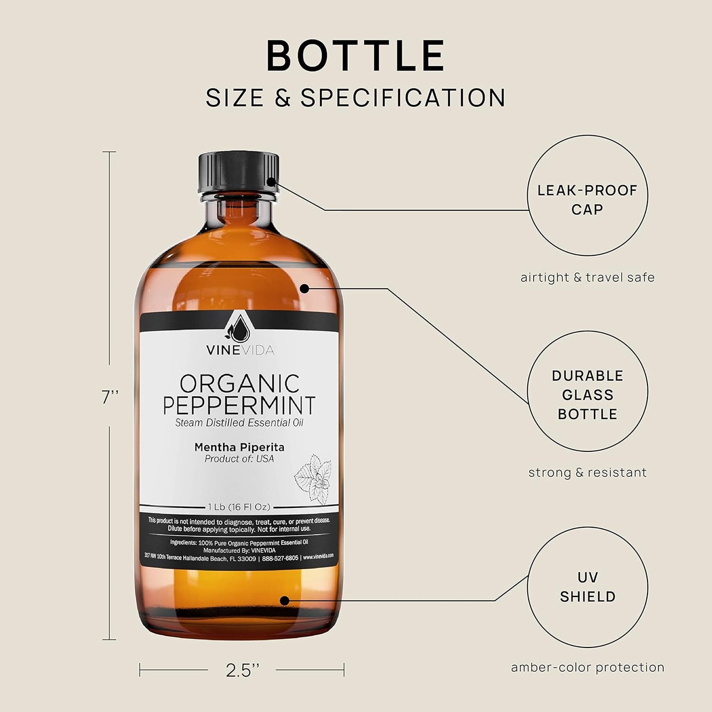 VINEVIDA Organic Peppermint Essential Oil 16 oz - Undiluted Organic Peppermint Oil 16 oz - Organic Peppermint Candle Oil Scent - DIY Candle Scents for Candlemaking - Bulk Essential Oil for Soap Making