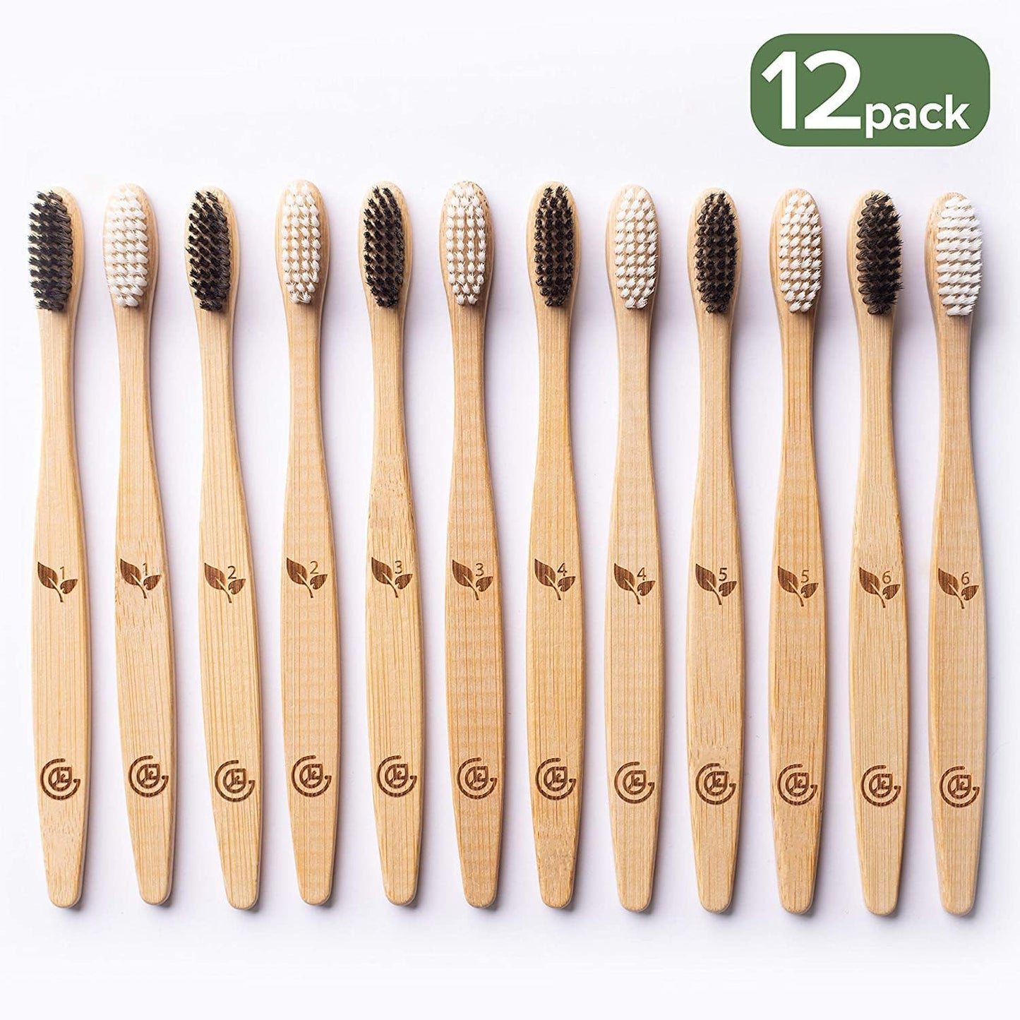 Greenzla Bamboo Toothbrushes for Adults – 12 Pack Wooden Toothbrush Set with Charcoal-Infused Soft Bristles, Natural Oral Care for Daily Use