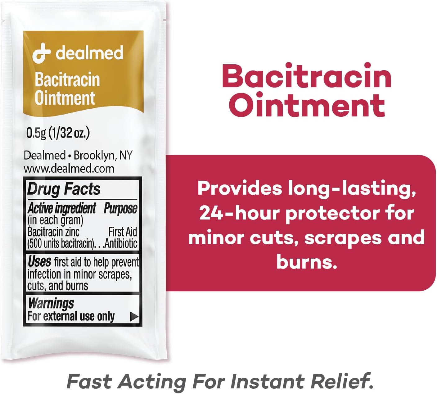 Dealmed Bacitracin Ointment – Made in The USA, First Aid Antibiotic Pain Relieving Ointment for Minor Cuts, Scrapes, and Burns, 144 Packets/Box (.5g) - Case of 12