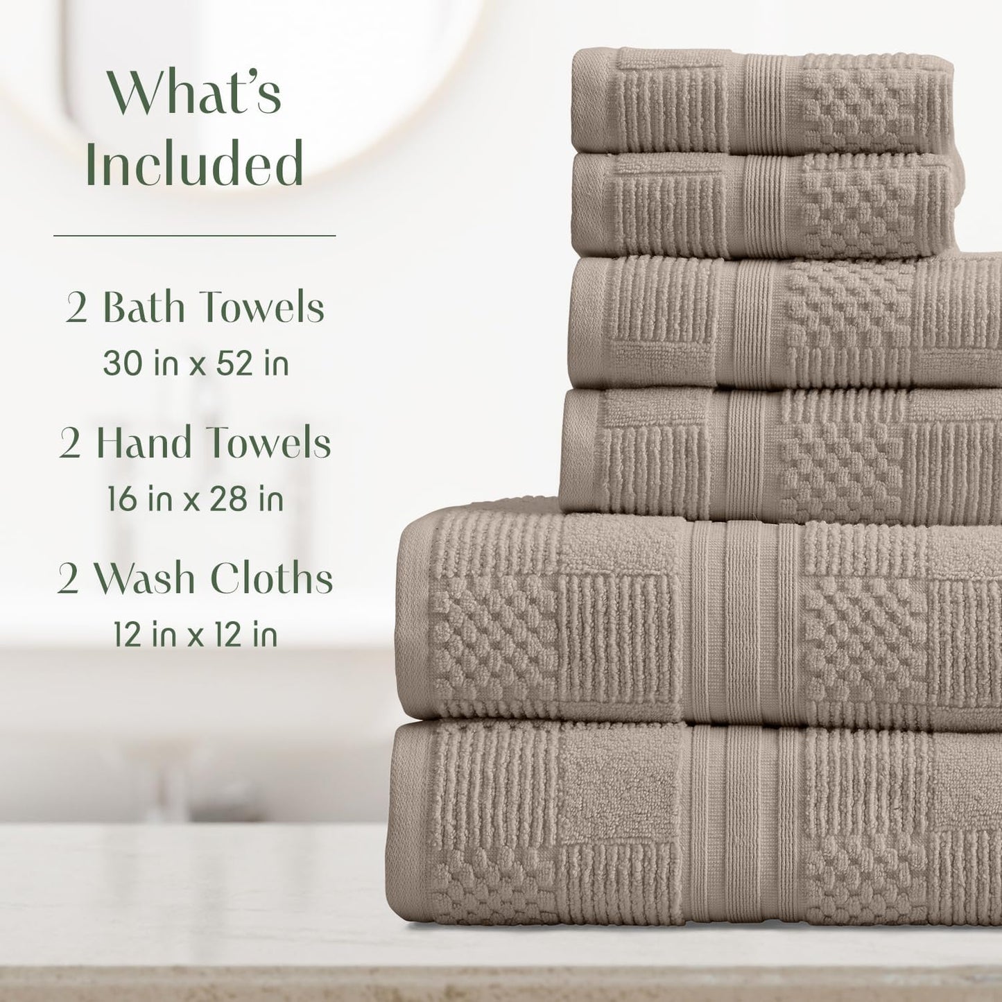 Springtree Home 100% Cotton Bathroom Towel Set | 6 Piece Set - Brown Bath Towels | Geometric Textured Design | Absorbent & Quick-Dry | Oeko-TEX® Standard 100 Cotton | Myla Collection - Cobblestone