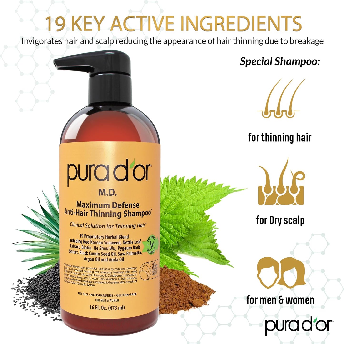 PURA D'OR MD Anti-Thinning Biotin Shampoo & Conditioner Set (16oz x2) Maximum Defense Coal-Tar Strong Scented Hebal Blend Hair Thickening Products For Women & Men, Daily Shampoo For Scalp Health