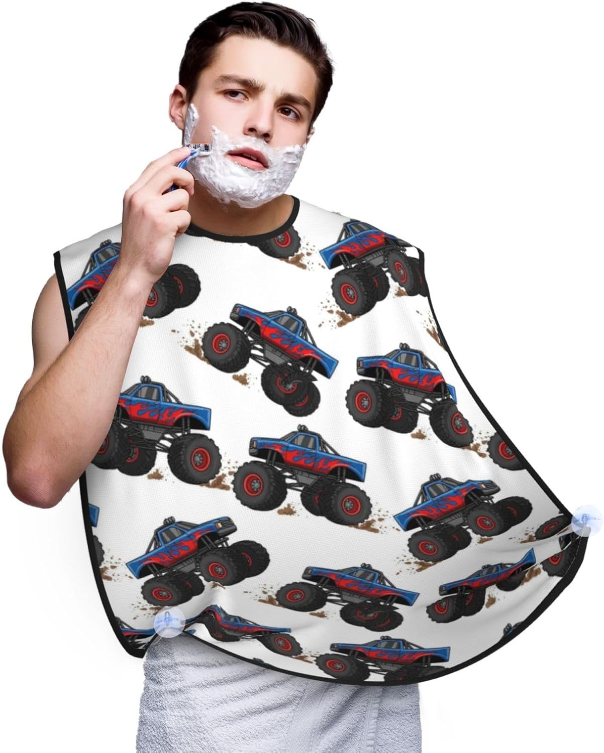Beard Grooming Cape, Waterproof Hair Catcher for Shaving Trimming, Non-Stick Bib Apron Gifts for Dad Men, Red Blue Car Cartoon Truck Monster Shave Bib
