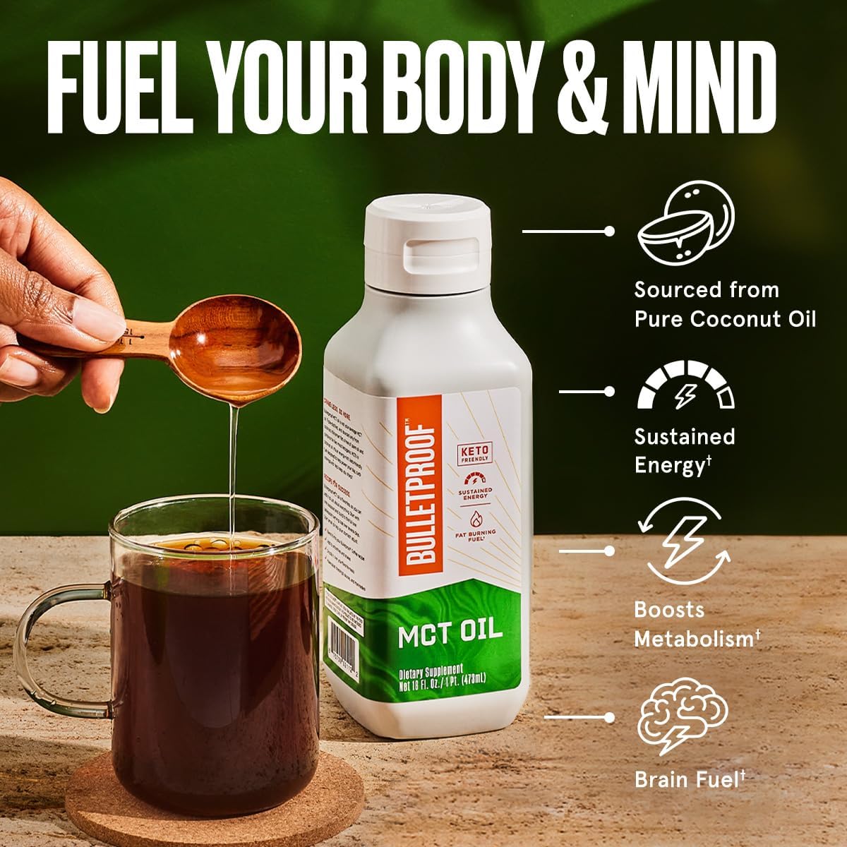 Bulletproof MCT Oil Made with C10 and C8 Oil, 16 Ounces, Keto Supplement for Sustained Energy, Brain and Body Fuel, Add to Coffee and Smoothies, Packaging May Vary